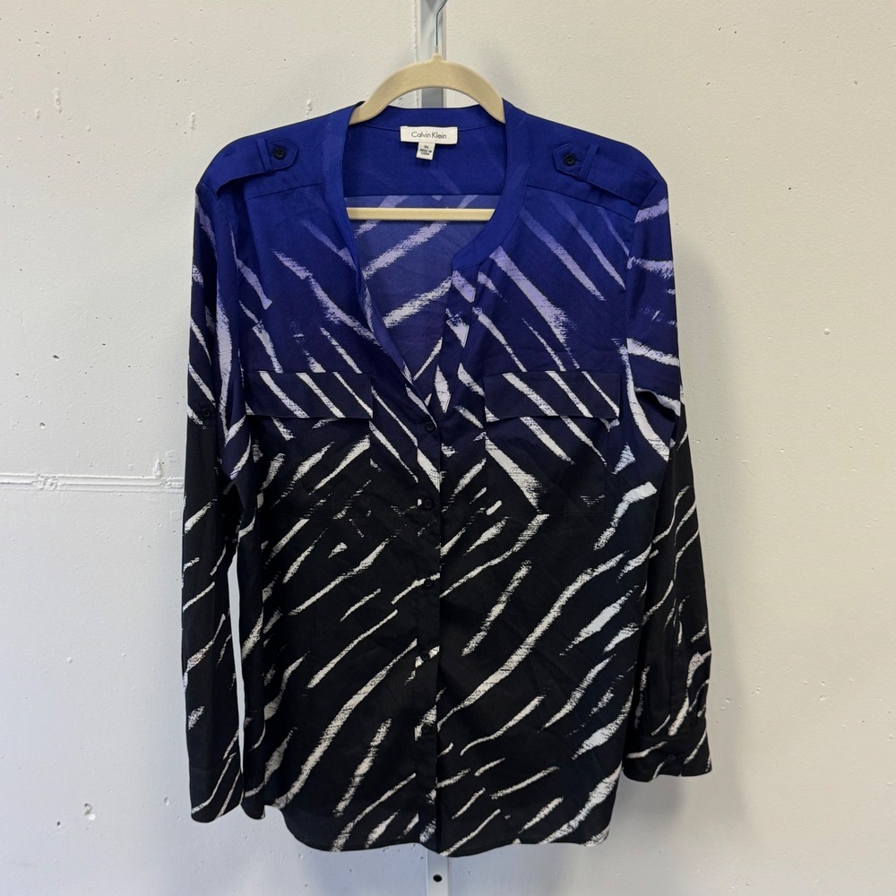 Calvin Klein Womens XL Periwinkle Ombre Zebra Print Roll Tab Blouse M5GA9547